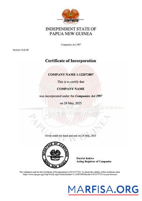 Bearbeitbar Papua-Neuguinea Zertifikat of incorporation Word and PDF Vorlage