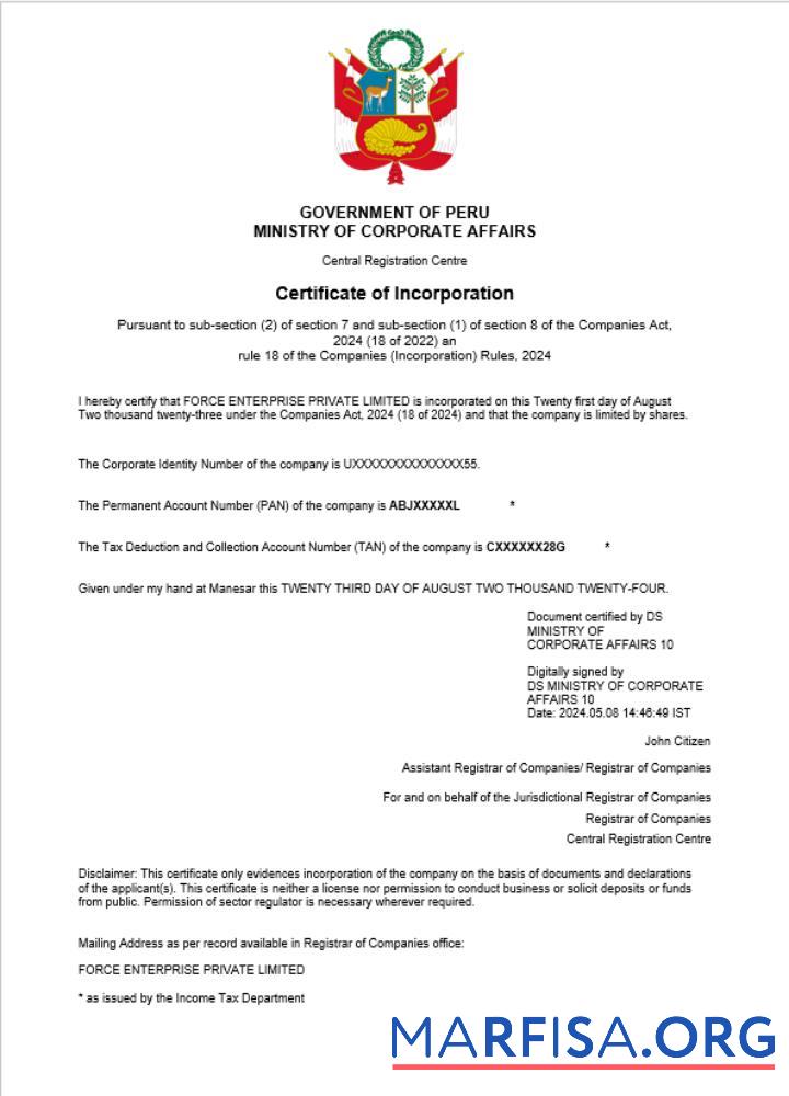 Premium Peru Geschäft Registrierung Zertifikat Word and PDF Vorlage