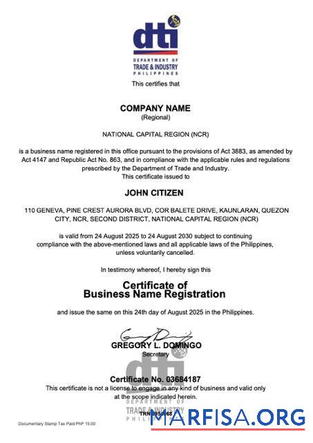 Philippinen Zertifikat of Geschäft name Registrierung Word and PDF Version 2 Probe