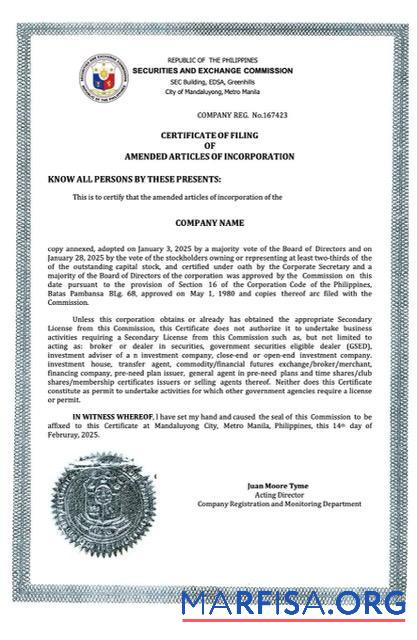 Realistisch Philippinen Zertifikat of Unternehmen incorporation Word and PDF Vorlage, Version 2