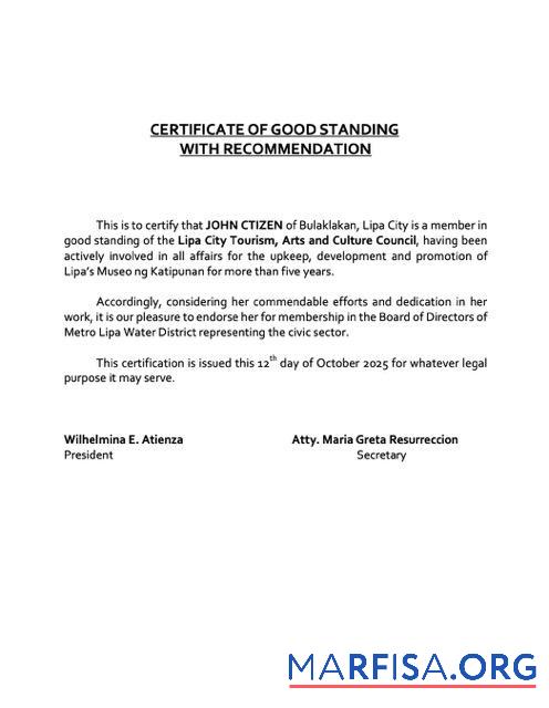Realistisch Philippinen Zertifikat of good standing Word and PDF Vorlage, Version 9