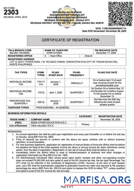 Bearbeitbar Philippinen Zertifikat of Registrierung Word and PDF Vorlage, Version 3