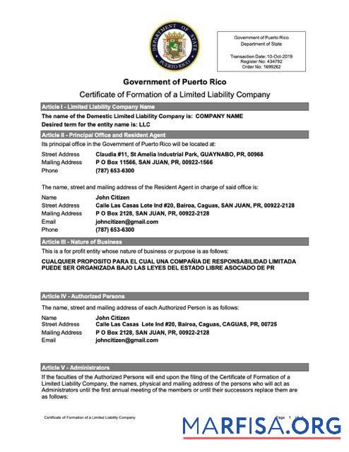 Realistisch Puerto Rico Zertifikat of formation of a limited liability Unternehmen Word and PDF Vorlage, versi