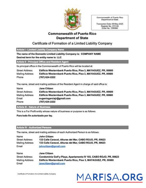 Premium Puerto Rico Zertifikat of formation of a limited liability Unternehmen Word and PDF Vorlage