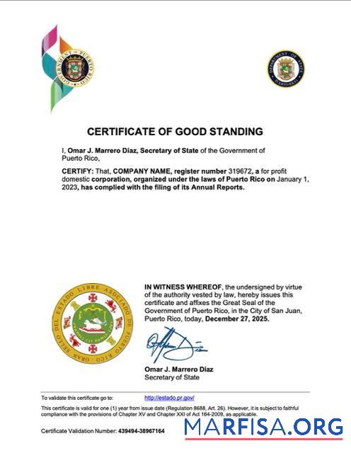 Bearbeitbar Puerto Rico Zertifikat of good standing Word and PDF Vorlage