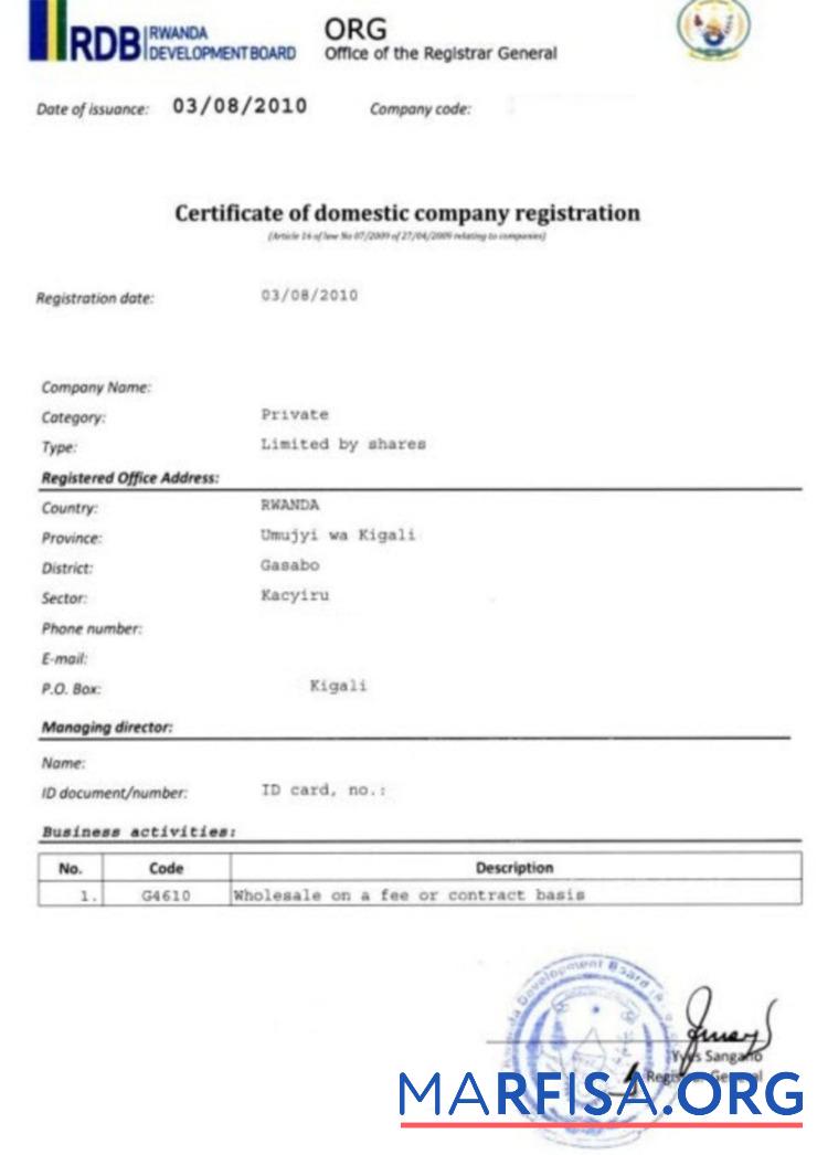 Ruanda Zertifikat of domestic Unternehmen Registrierung Vorschau