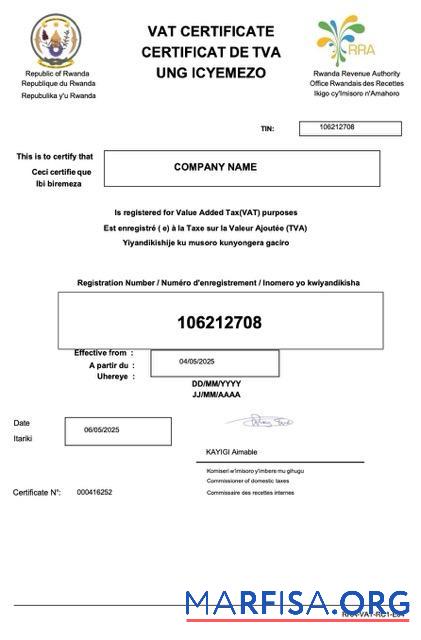 Hohe Qualität Ruanda VAT Zertifikat Word and PDF Vorlage