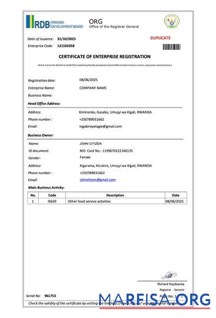 Realistisch Ruanda Zertifikat of enterprise Registrierung Word and PDF Vorlage, Version 2