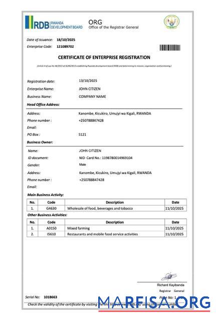 Premium Ruanda Zertifikat of enterprise Registrierung Word and PDF Vorlage