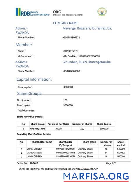 Hohe Qualität Ruanda Zertifikat of Registrierung Word and PDF Vorlage