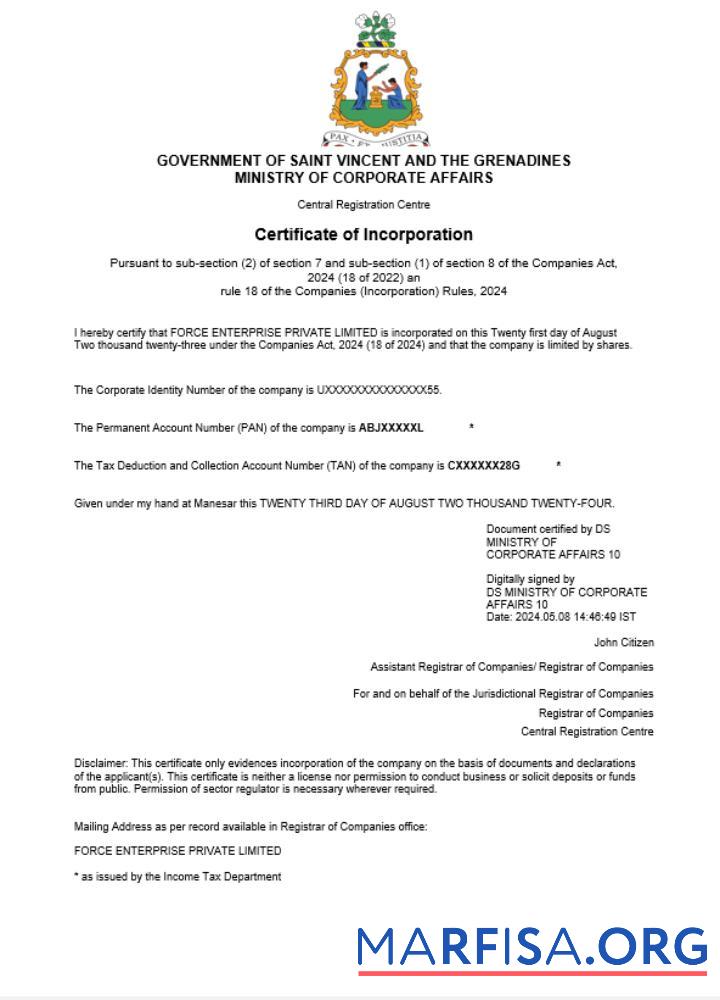Bearbeitbar Saint Vincent and the Grenadines Geschäft Registrierung Zertifikat Word and PDF Vorlage