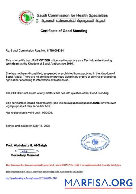 Professionell Saudi-Arabien Zertifikat of good standing Word and PDF Vorlage, Version 2
