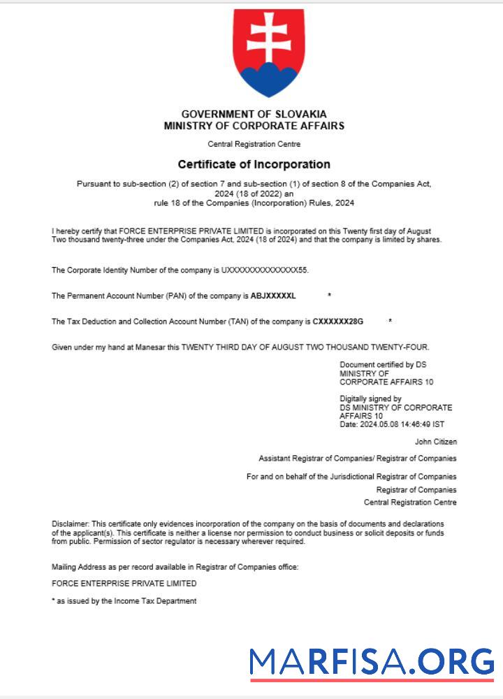 Professionell Slowakei Geschäft Registrierung Zertifikat Word and PDF Vorlage