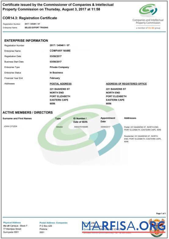 Südafrika Registrierung Zertifikat Mockup