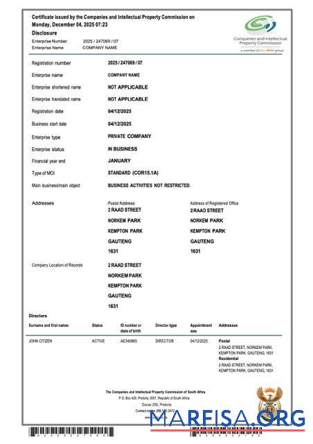 Bearbeitbar Südafrika Zertifikat of Unternehmen Registrierung Word and PDF Vorlage