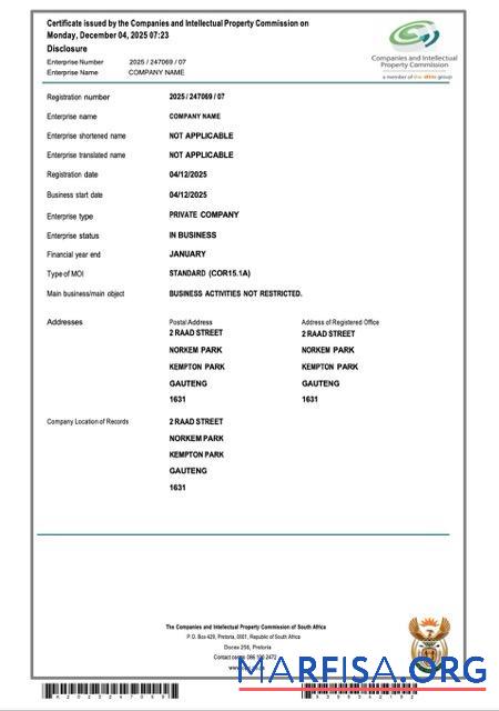 Realistisch Südafrika Zertifikat of Unternehmen Registrierung Word and PDF Vorlage, Version 2