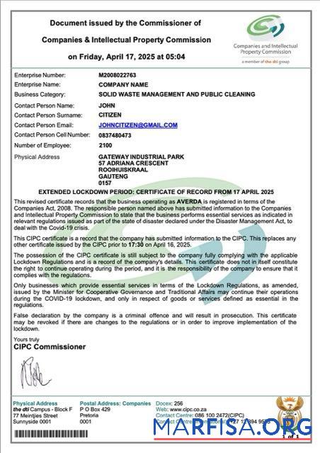 Realistisch Südafrika Zertifikat of Unternehmen Registrierung Word and PDF Vorlage, Version 3