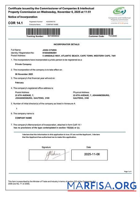 Premium Südafrika Zertifikat of incorporation Word and PDF Vorlage