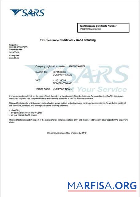 Realistisch Südafrika Steuer clearance Zertifikat Word and PDF Vorlage