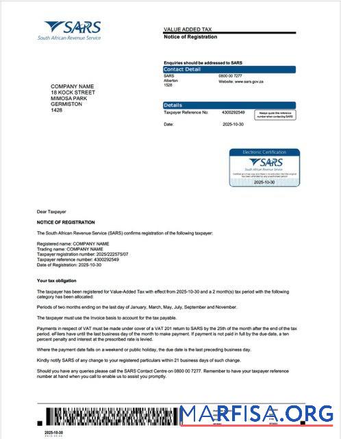 Hohe Qualität Südafrika value added Steuer Zertifikat Word and PDF Vorlage