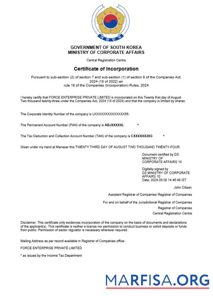 Realistisch Südkorea Geschäft Registrierung Zertifikat Word and PDF Vorlage