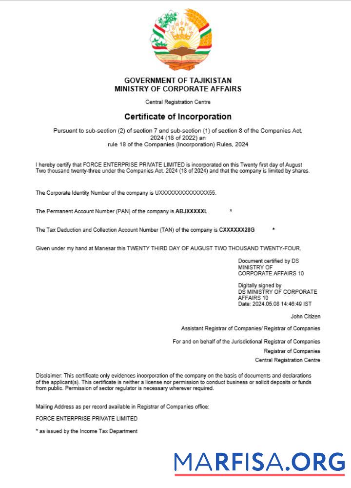 Hohe Qualität Tadschikistan Geschäft Registrierung Zertifikat Word and PDF Vorlage (1)