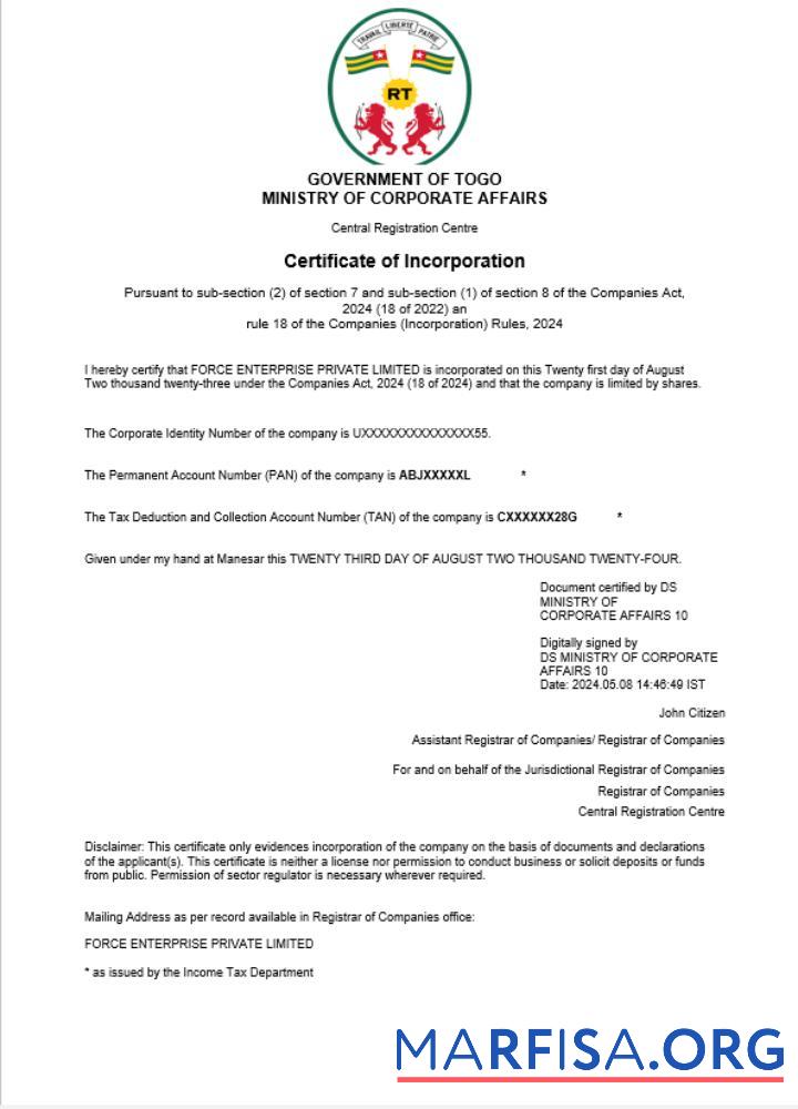 Premium Togo Geschäft Registrierung Zertifikat Word and PDF Vorlage