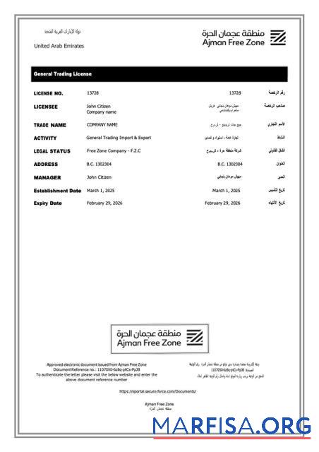 Premium VAE Ajman trading Lizenz Word and PDF Vorlage