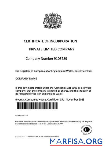Premium Vereinigtes Königreich Zertifikat of incorporation of a private limited Unternehmen Word and PDF Vorlage, Version 2