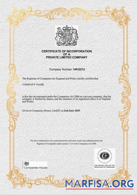 Hohe Qualität Vereinigtes Königreich Zertifikat of incorporation of a private limited Unternehmen Word and PDF Vorlage, Version 3