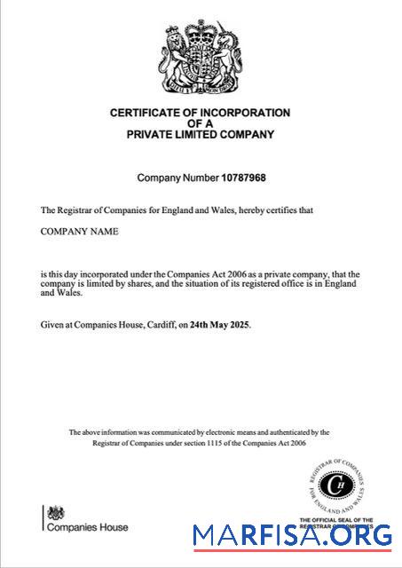 Hohe Qualität Vereinigtes Königreich Zertifikat of incorporation of a private limited Unternehmen Word and PDF Vorlage