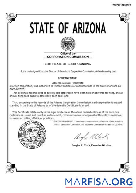 Realistisch USA Arizona Zertifikat of good standing Word and PDF Vorlage, Version 2