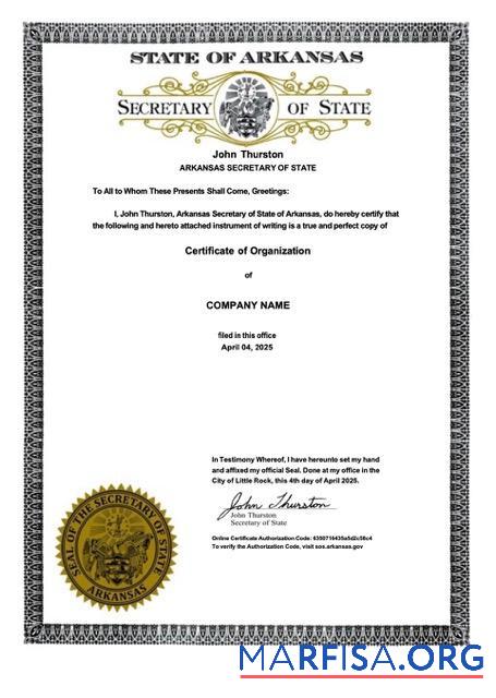 Bearbeitbar USA Arkansas Zertifikat of organization Word and PDF Vorlage