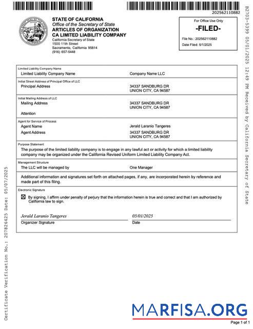 Realistisch USA California articles of organization limited liability Unternehmen Word and PDF Vorlage