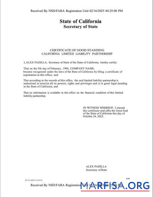 Hohe Qualität USA California Zertifikat of good standing Word and PDF Vorlage