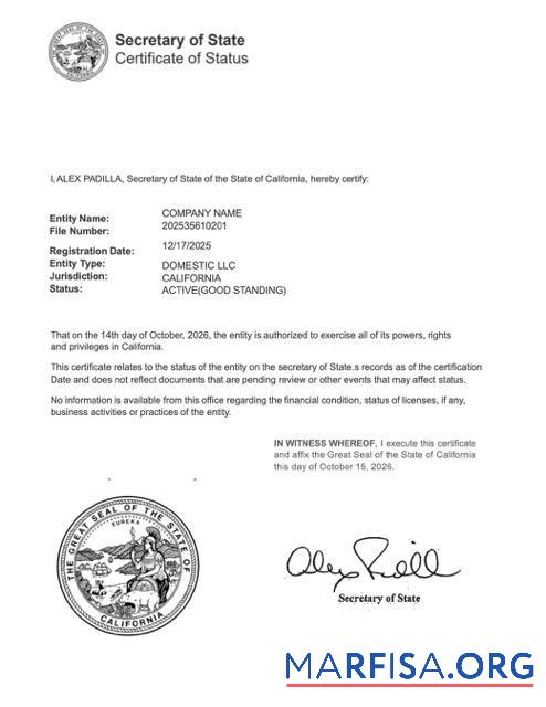 Premium USA California Zertifikat of good standing Word and PDF Vorlage, Version 2