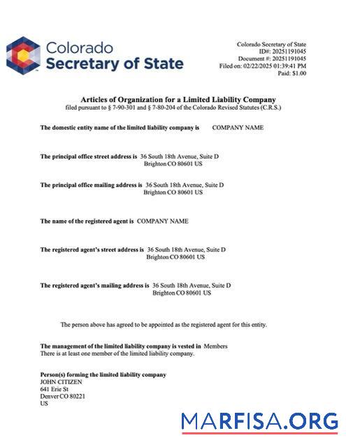 Bearbeitbar USA Colorado articles of organization Word and PDF Vorlage, Version 2