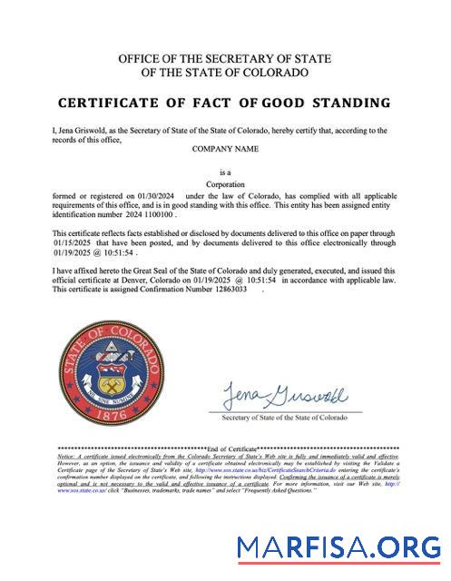 Hohe Qualität USA Colorado Zertifikat of fact of good standing Word and PDF Vorlage