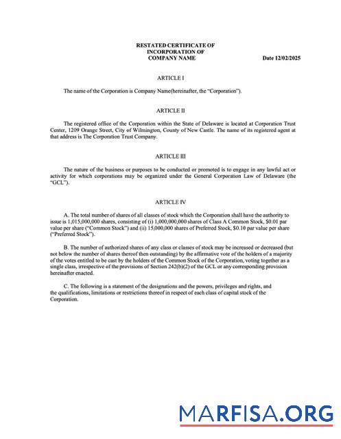 Realistisch USA Delaware Zertifikat of incorporation Word and PDF Vorlage, Version 2