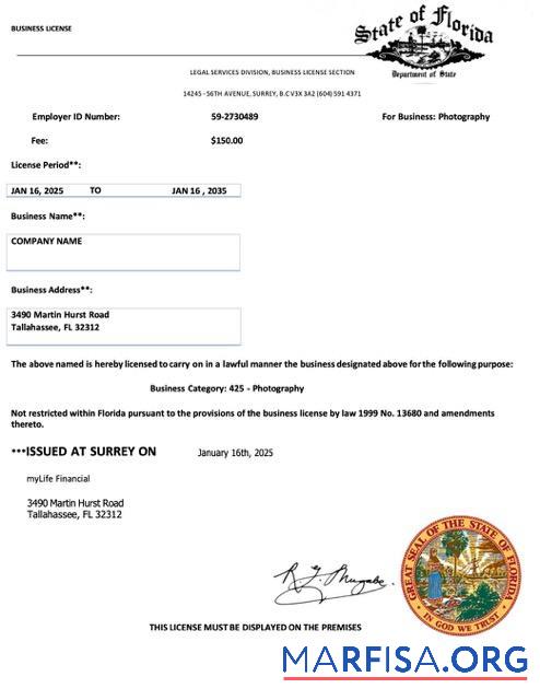 Realistisch USA Florida Geschäft Lizenz Word and PDF Vorlage
