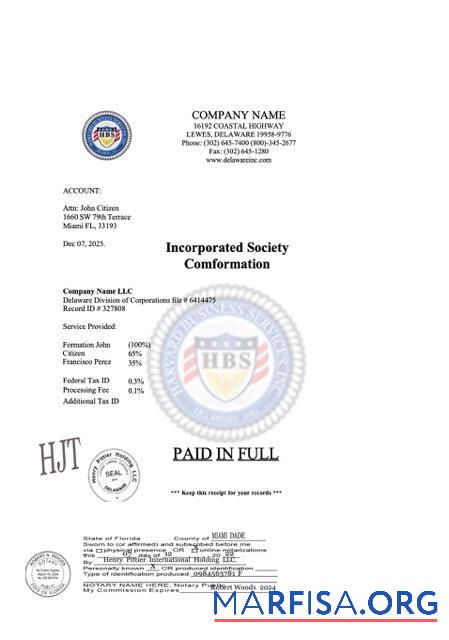 Realistisch USA Florida incorporated society comformation Word and PDF Vorlage