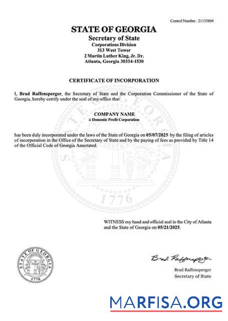 Professionell USA Georgien Zertifikat of incorporation Word and PDF Vorlage