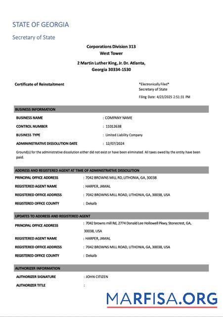 Hohe Qualität USA Georgien Zertifikat of reinstatement Word and PDF Vorlage, Version 2
