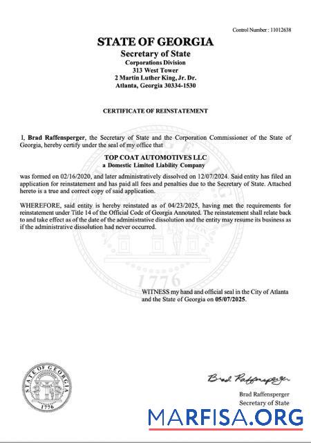 Professionell USA Georgien Zertifikat of reinstatement Word and PDF Vorlage