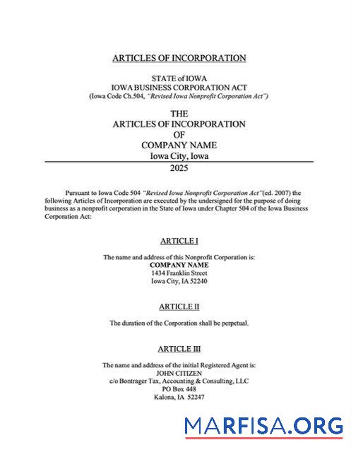 Bearbeitbar USA Iowa articles of incorporation Word and PDF Vorlage