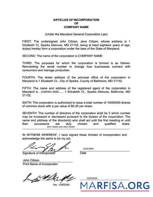 Hohe Qualität USA Maryland articles of incorporation Word and PDF Vorlage
