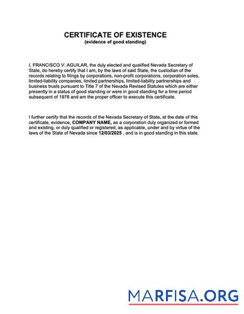 Hohe Qualität USA Nevada Zertifikat of existence Word and PDF Vorlage
