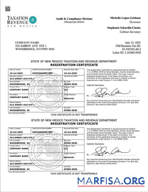 Bearbeitbar USA Neu Mexiko┬áRegistrierung Zertifikat Word and PDF Vorlage