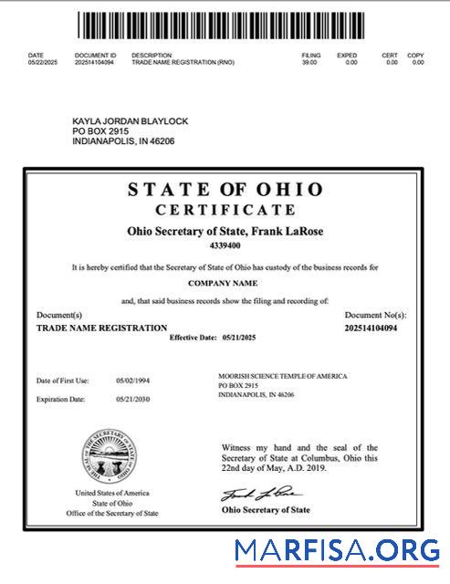 Bearbeitbar USA Ohio trade name Registrierung Word and PDF Vorlage
