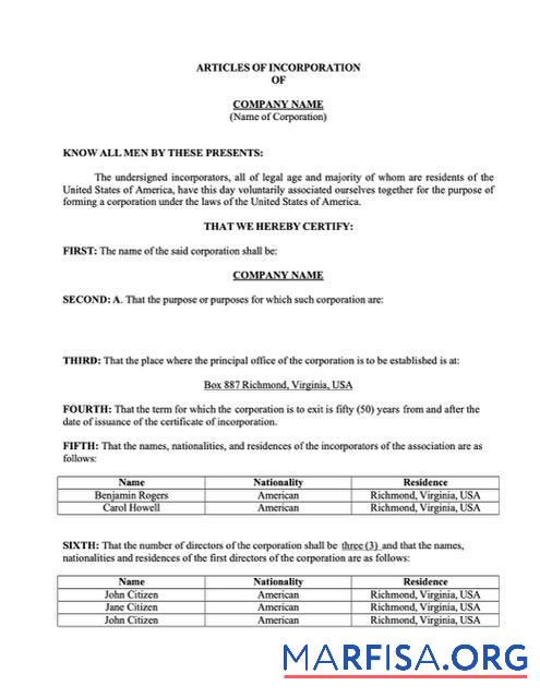 Realistisch USA Virginia articles of incorporation Word and PDF Vorlage
